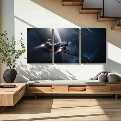 3pcs Futuristic Spaceship in Cosmic Setting Wall Art Set Canvas Framed 50x70cm - High Quality Print 100% Australian Made Wall Canvas Ready to Hang - Bella Home Decor