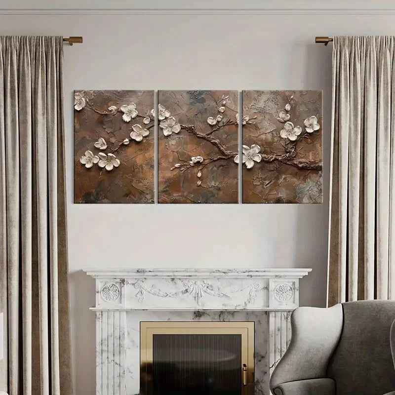 3pcs Elegant Floral Brown Textured Background Metal Print Ready to Hang Art - Bella Home Decor