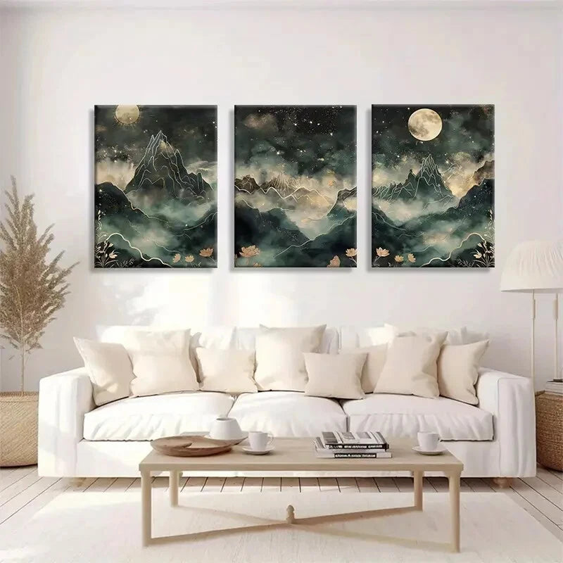 3pcs Mystical Mountain and Moonlit Metal Print Ready to Hang Art - Bella Home Decor