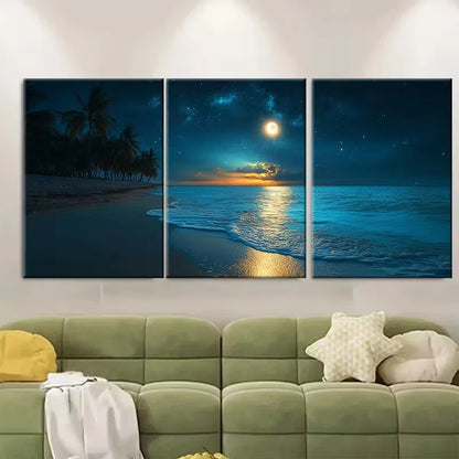 3pcs Moonlit Paradise Beach Metal Print Ready to Hang Art