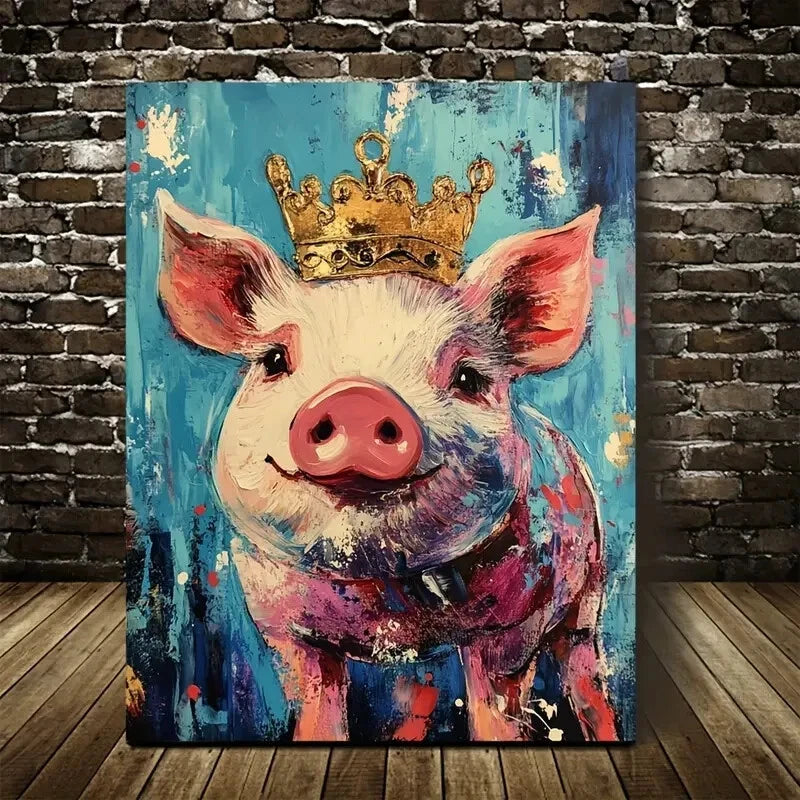 Beautiful Crowned Pig Painting with Pine Painting 40x60cm Metal Print Ready to Hang - Bella Home Decor