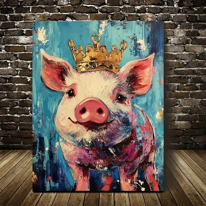 Beautiful Crowned Pig Painting with Pine Painting 40x60cm Metal Print Ready to Hang - Bella Home Decor