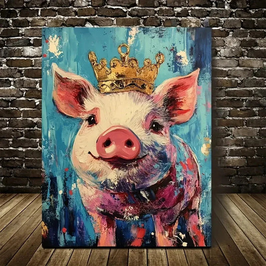 Beautiful Crowned Pig Painting with Pine Painting 40x60cm Metal Print Ready to Hang - Bella Home Decor