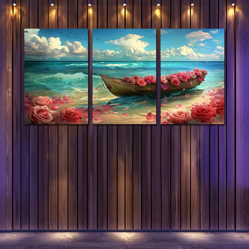3pcs Serene Beach Scene with Boat and Roses Wall Art Set Canvas Framed 60x90cm - High Quality Print 100% Australian Made Wall Canvas Ready to Hang