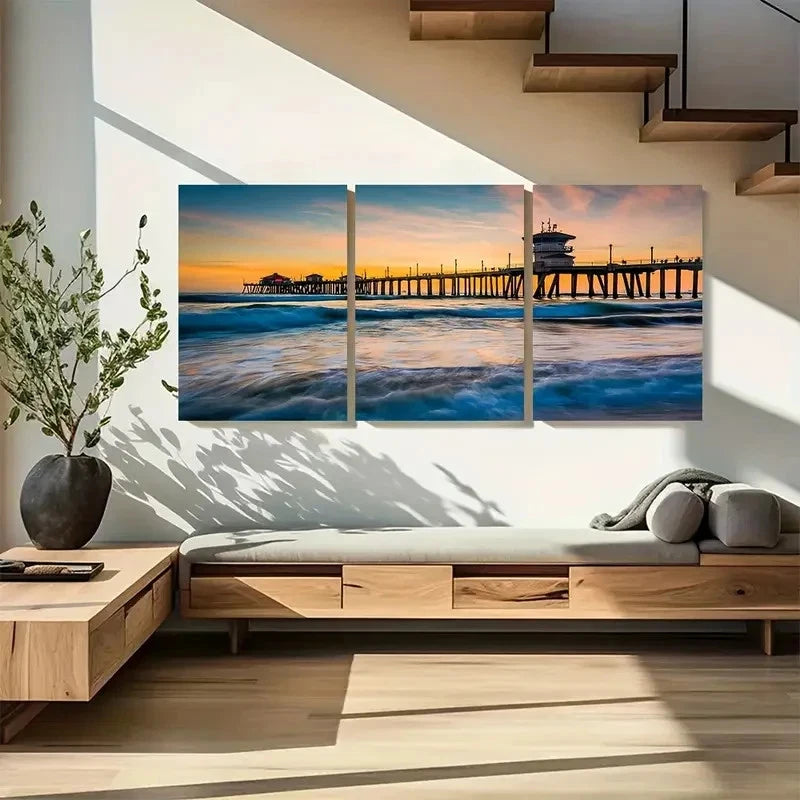 3pcs Vibrant Sunset & Ocean Waves Scene Metal Print Ready to Hang Art