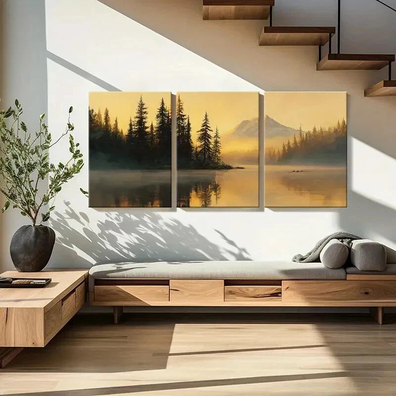 3pcs Sunset Mountain Reflection Pine Trees Calm Metal Print Ready to Hang Art - Bella Home Decor