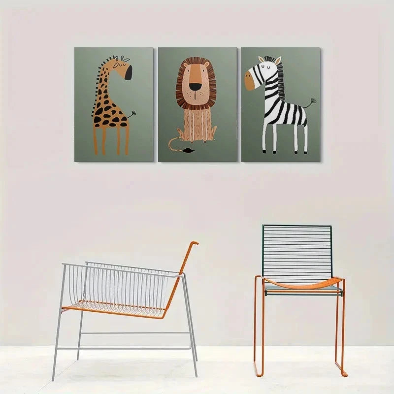 3pcs Adorable Cartoon Animal Giraffe Lion Zebra Metal Print Ready to Hang Art - Bella Home Decor