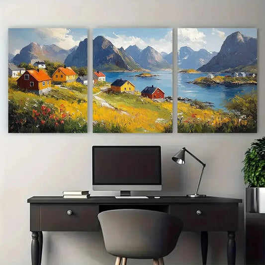 3pcs Lofoten Islands with Rustic Houses Design Metal Print Ready to Hang Art