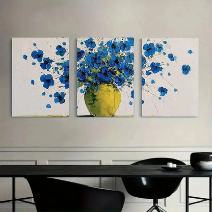 3pcs Blue Flowers in Yellow Vase Art Painting Metal Print Ready to Hang Art - Bella Home Decor