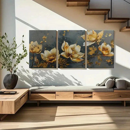 3pcs Elegant Golden Floral Metal Print Ready to Hang Art - Bella Home Decor