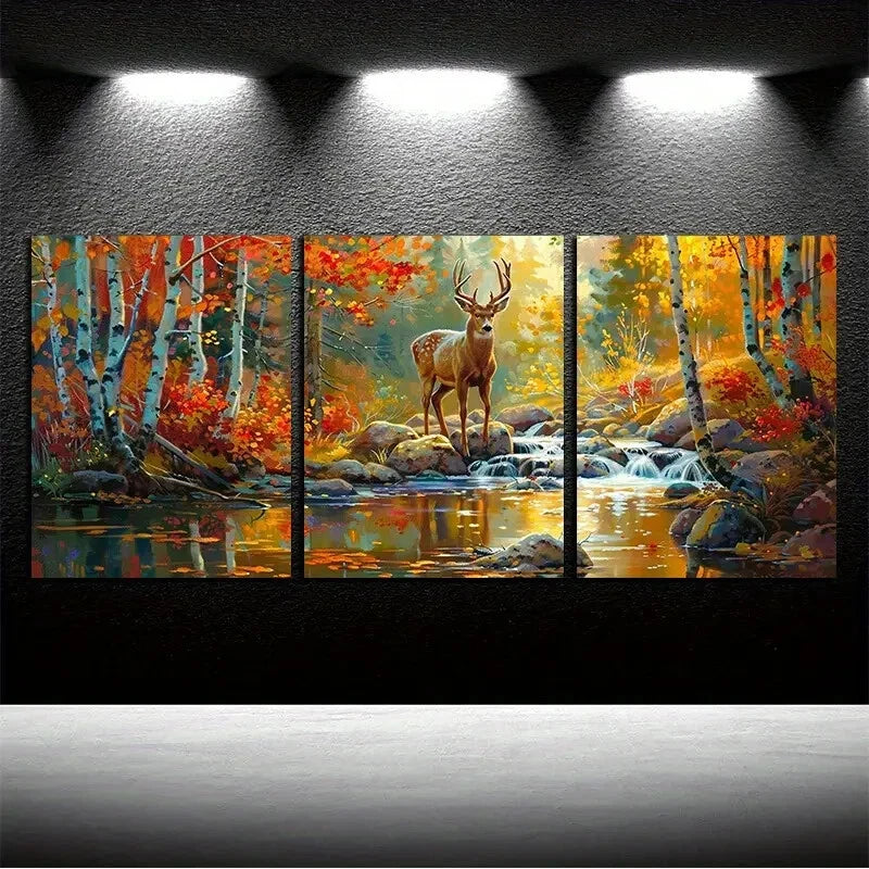3pcs Autumn Forest Deer on the Lake Rock Metal Print Ready to Hang Art - Bella Home Decor