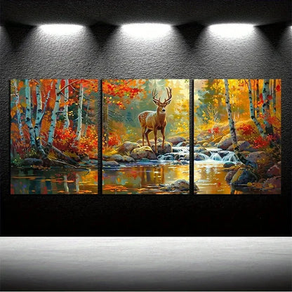 3pcs Autumn Forest Deer on the Lake Rock Metal Print Ready to Hang Art - Bella Home Decor