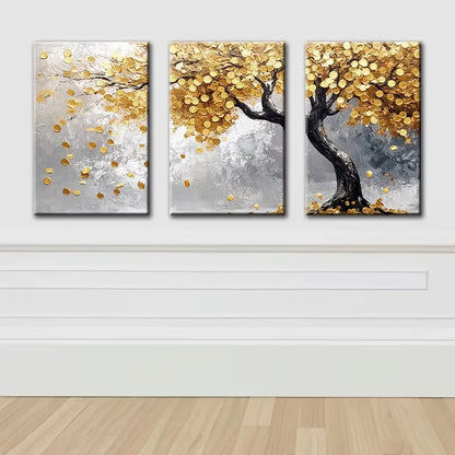 3pcs Luxurious Golden Leaf Tree Illustration Wall Art Set Canvas Framed 50x70cm - High Quality Print 100% Australian Made Wall Canvas Ready to Hang