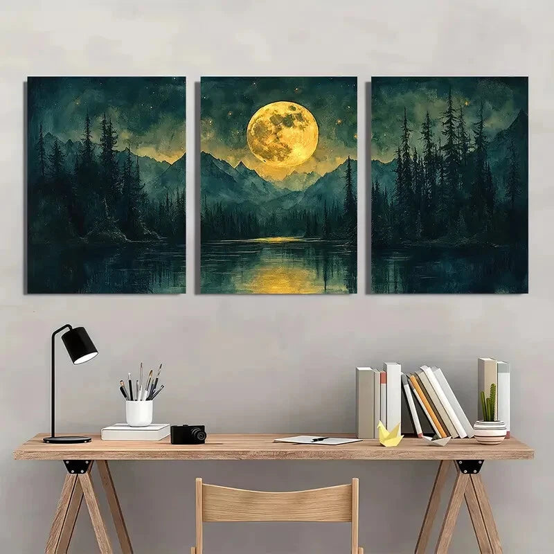 3pcs Watercolor Night Sky Forest & Lake Landscape Metal Print Ready to Hang Art - Bella Home Decor