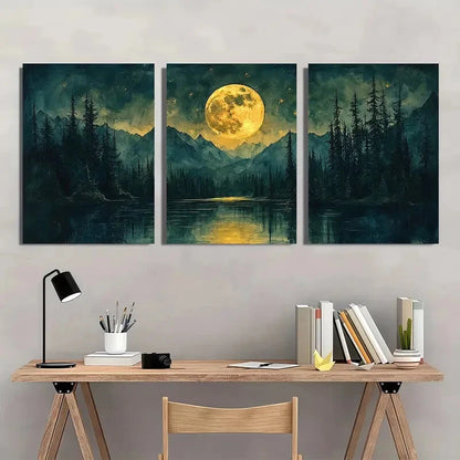 3pcs Watercolor Night Sky Forest & Lake Landscape Metal Print Ready to Hang Art - Bella Home Decor