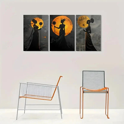 3pcs Golden Moonlit Silhouette Triptych Wall Art Set Canvas Framed 60x90cm - High Quality Print 100% Australian Made Wall Canvas Ready to Hang