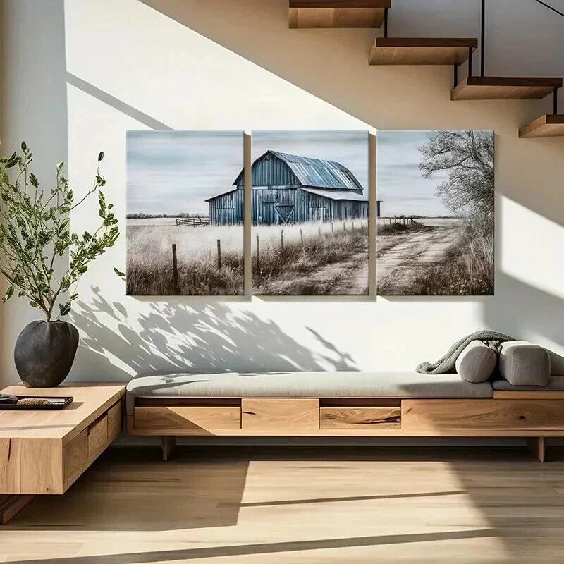 3pcs Rustic Blue Barn Farmhouse Decor Wall Art Set Canvas Framed 60x90cm - High Quality Print 100% Australian Made Wall Canvas Ready to Hang - Bella Home Decor