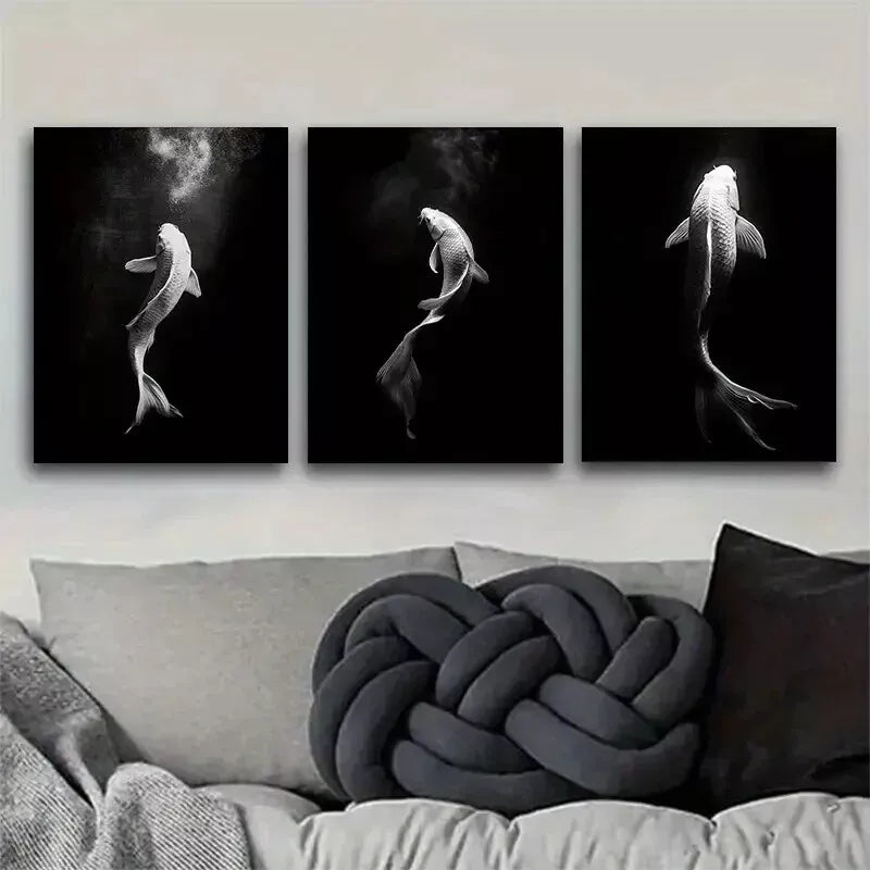 3pcs Oriental Style Koi Fish Ink Style Modern Art Set Canvas Framed 50x70cm - High Quality Print 100% Australian Made Wall Canvas Ready to Hang