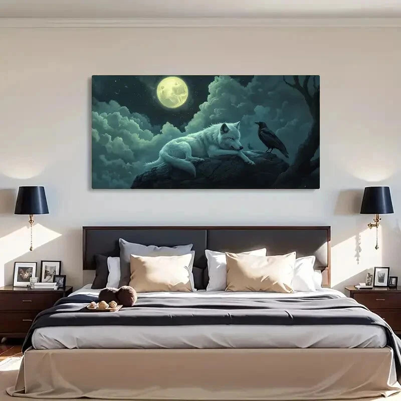 Moonlit Night Sky White Wolf Wall Art Canvas Office Home Room Framed 120x60cm - Bella Home Decor