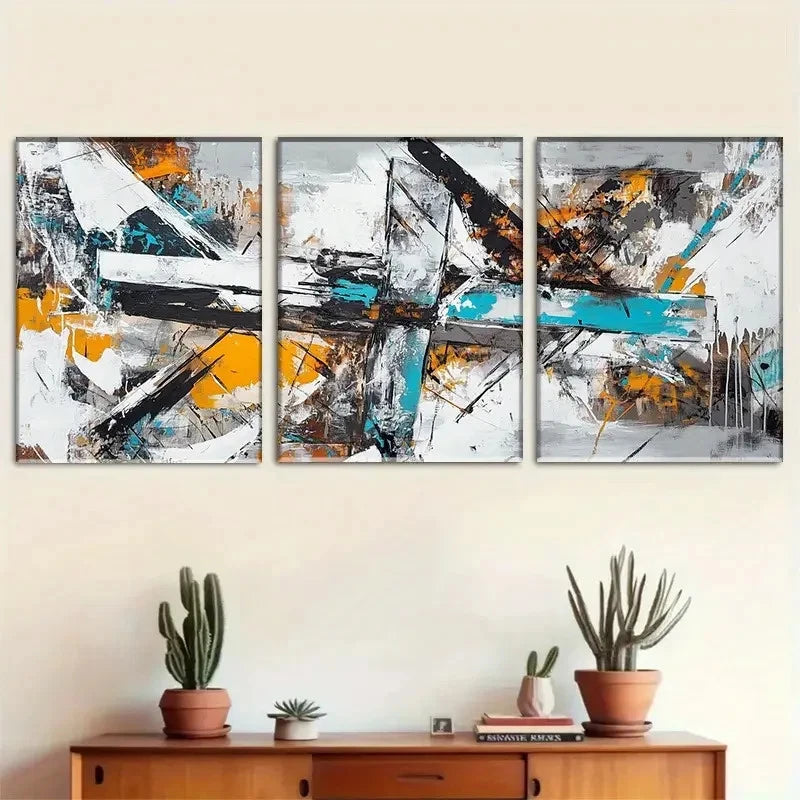 3pcs Bold Brushstrokes in Black White Orange Metal Print Ready to Hang Art - Bella Home Decor