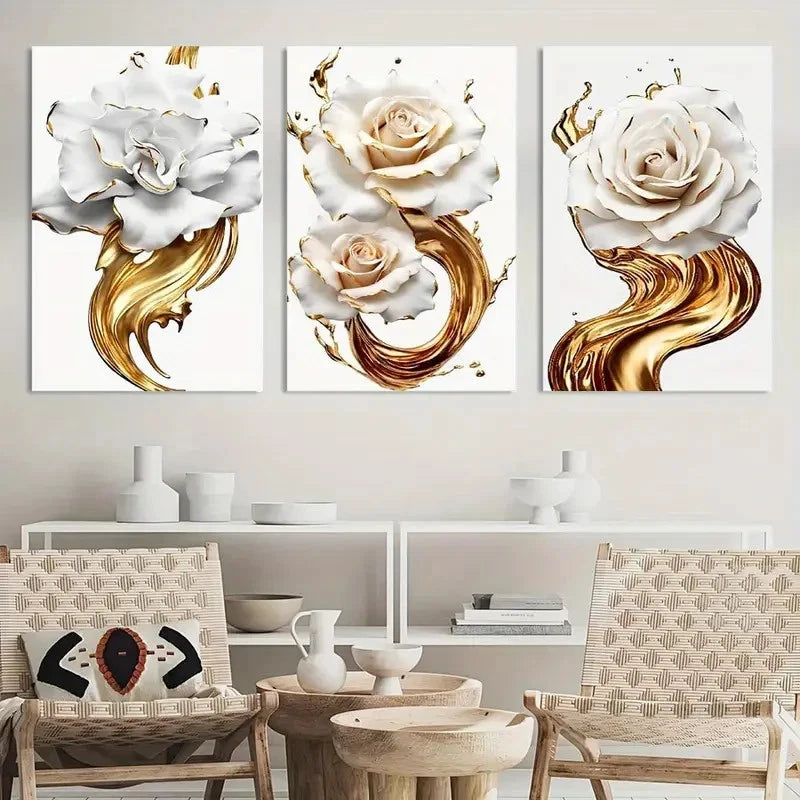 3pcs Golden And White Rose Abstract Flowers Metal Print Ready to Hang Art - Bella Home Decor