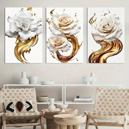 3pcs Golden And White Rose Abstract Flowers Metal Print Ready to Hang Art - Bella Home Decor
