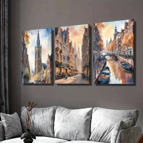 3pcs Autumn Streets of Amsterdam Landscape Wall Art Set Canvas Unframed - High Quality Print 100% Australian Made Wall Canvas - Bella Home Decor