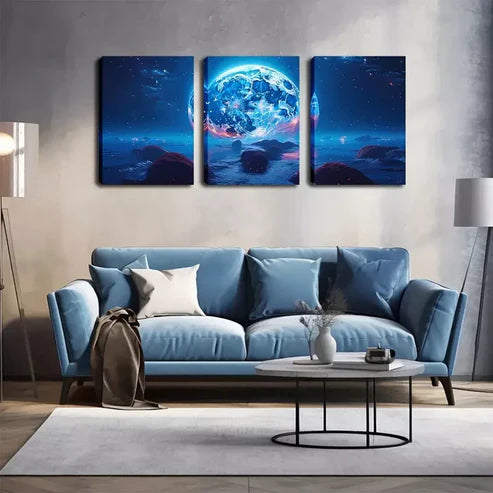 3pcs Giant Bright Moon Wall Art Canvas Unframed - High Quality Print 100% Australian Made Wall Canvas - Bella Home Decor