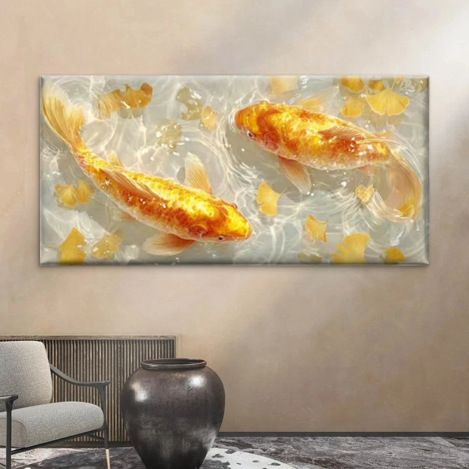Golden Ginkgo Leaves Fish Wall Art Canvas Office Home Room Framed 120x60cm