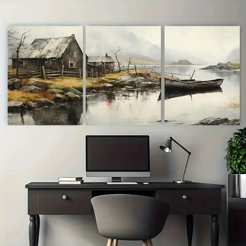 3pcs Old Boat and Lake House in Fjords Metal Print Ready to Hang Art - Bella Home Decor