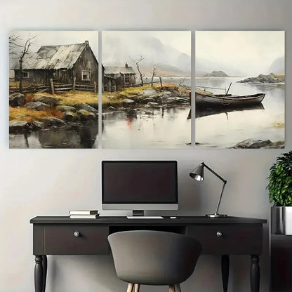 3pcs Old Boat and Lake House in Fjords Metal Print Ready to Hang Art - Bella Home Decor