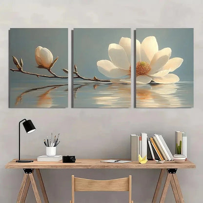 3pcs White Magnolia Flower Art Painting Metal Print Ready to Hang Art - Bella Home Decor