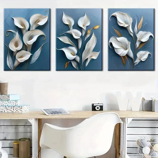 3pcs Modern Floral Blue Minimalist Perfect Wall Art Set Canvas Framed 50x70cm - High Quality Print 100% Australian Made Wall Canvas Ready to Hang