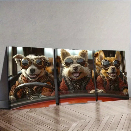 3pcs Dogs Driving A Car With Sunglasses Wall Art Set Canvas Framed 40x60cm - High Quality Print 100% Australian Made Wall Canvas Ready to Hang