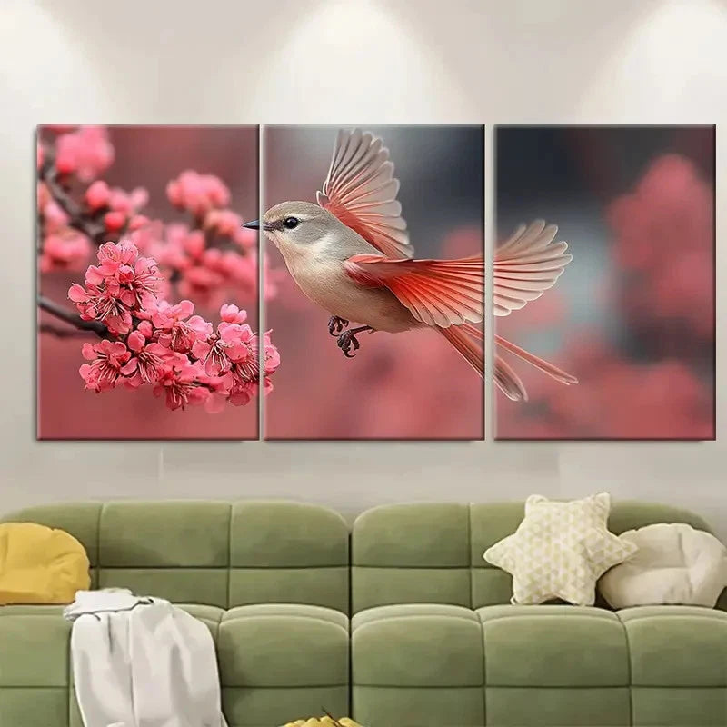 3pcs Bird Flying to Pink Branches TI   Wall Art Set Canvas Framed 40x60cm - High Quality Print 100% Australian Made Wall Canvas Ready to Hang - Bella Home Decor