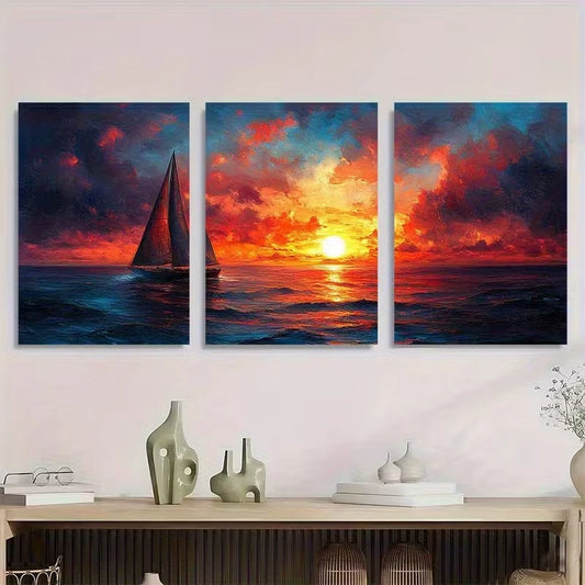3pcs Coastal Ocean Sunset And Sunrise Themes Metal Print Ready to Hang Art