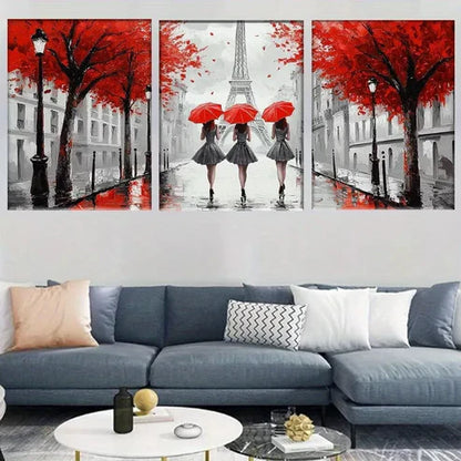 3pcs Paris Elegant Women with Red Umbrellas Wall Art Set Canvas Unframed - High Quality Print 100% Australian Made Wall Canvas