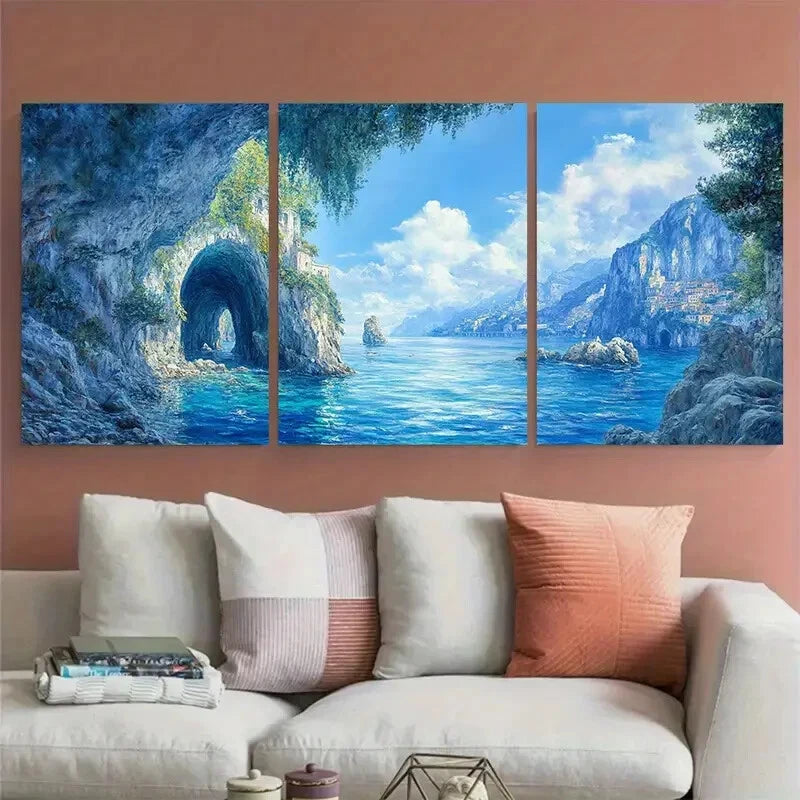 3pcs Blue Grotto Italian Seascape Travel Metal Print Ready to Hang Art - Bella Home Decor