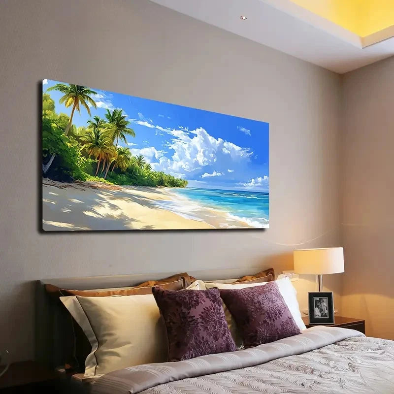 Beach Scene with Palm Trees Wall Art canvas office home room framed 120x60cm - Bella Home Decor