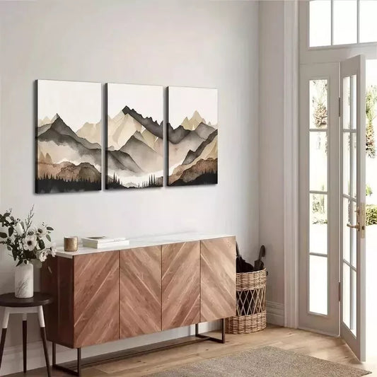 3pcs Beige & Grey Mountains Wall Art Set Canvas Framed 50x70cm - High Quality Print 100% Australian Made Wall Canvas Ready to Hang