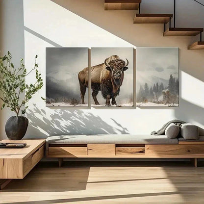 3pcs Majestic Bull with Snowy Mountains Wall Art Set Canvas Framed 60x90cm - High Quality Print 100% Australian Made Wall Canvas Ready to Hang