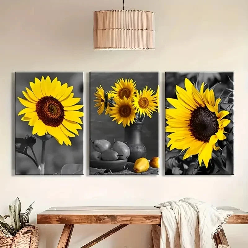 3pcs Sunflower Black and White Paintings Metal Print Ready to Hang Art - Bella Home Decor