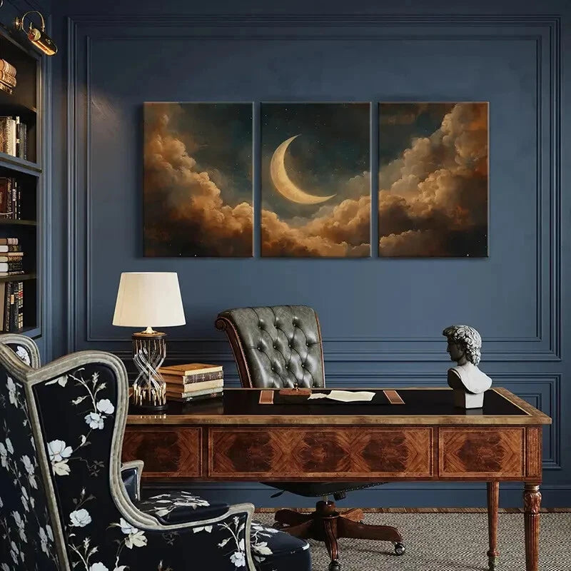3pcs Moonlit Sky Crescent Moon Clouds Metal Print Ready to Hang Art - Bella Home Decor
