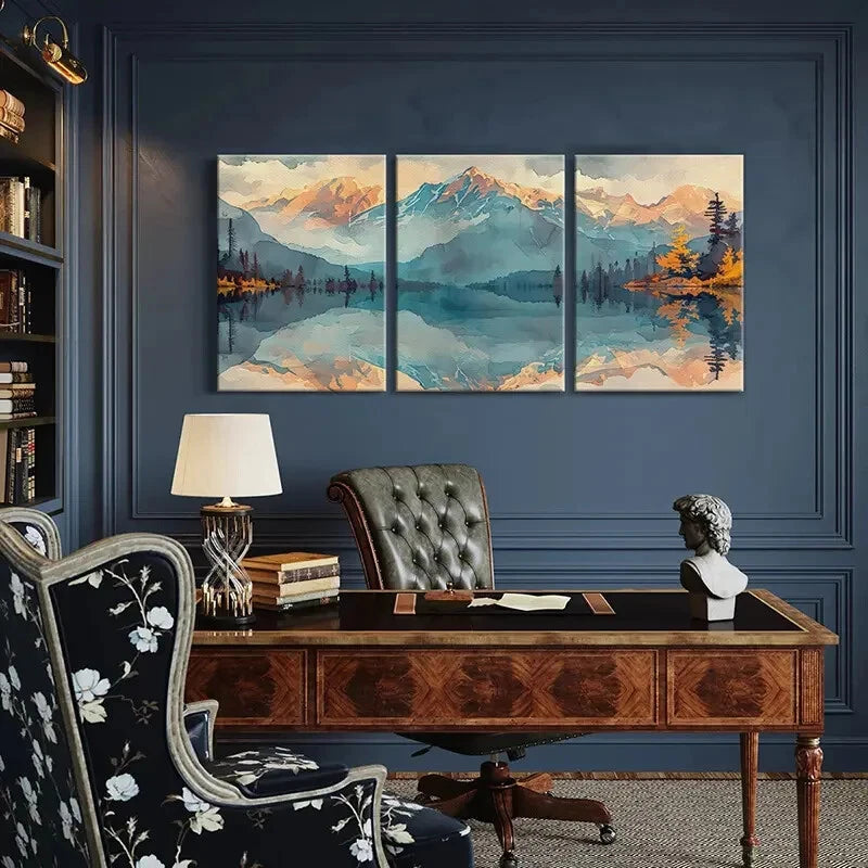 3pcs Watercolor Style Mountains Reflection Lake Metal Print Ready to Hang Art - Bella Home Decor