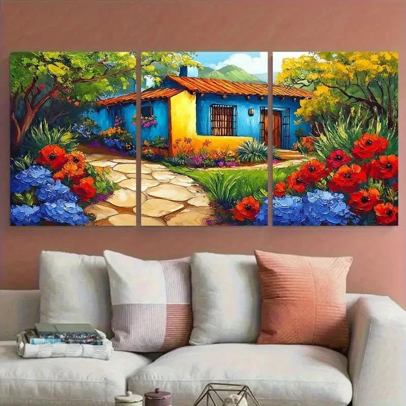 3pcs Vibrant Mexico House with Florals Metal Print Ready to Hang Art - Bella Home Decor