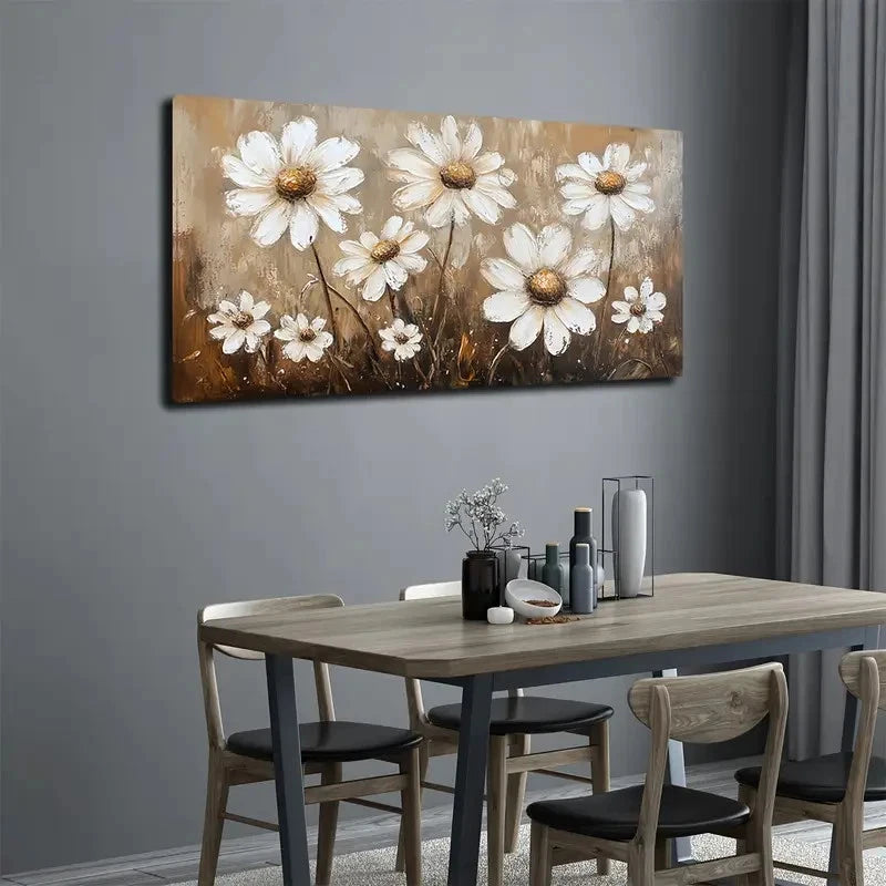 Vibrant White Daisies Golden Wall Art canvas office home room framed 120x60cm - Bella Home Decor