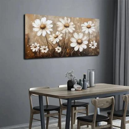 Vibrant White Daisies Golden Wall Art canvas office home room framed 120x60cm - Bella Home Decor