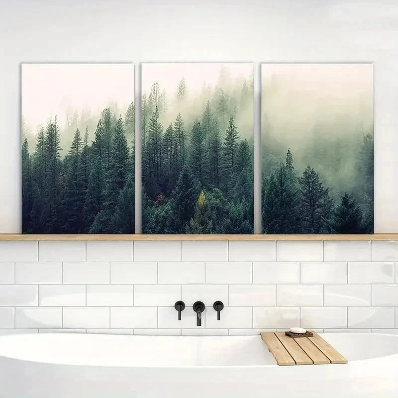 3pcs Aerial View of Pine Trees in Mist Metal Print Ready to Hang Art - Bella Home Decor