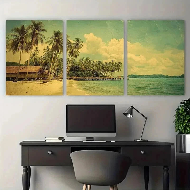 3pcs Tropical Beach Scene Palm Tree Perfect  Wall Art Set Canvas Framed 60x90cm - High Quality Print 100% Australian Made Wall Canvas Ready to Hang