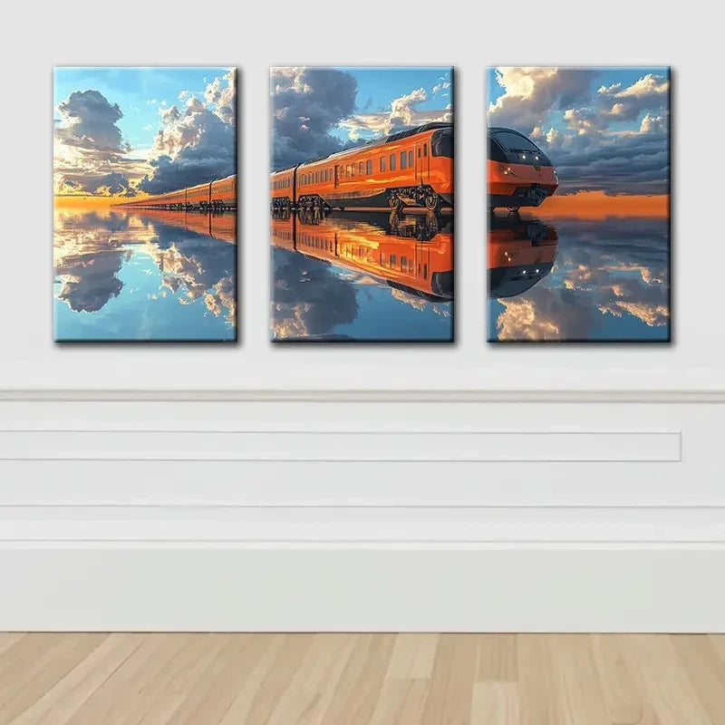 3pcs Orange Train Reflection Scene Wall Art Set Canvas Framed 60x90cm - High Quality Print 100% Australian Made Wall Canvas Ready to Hang